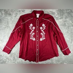 ARIAT Shirt Women XXL Pearl Snap Red Long Sleeve Country Western Embroidered